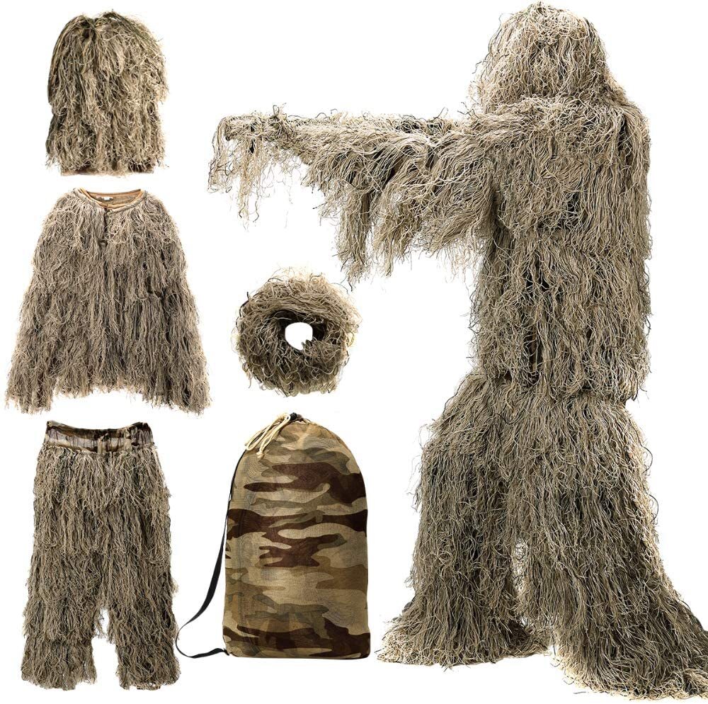 5 in 1 Ghillie Suit, 3D Camouflage Hunting Apparel Including Jacket, Pants, Hood, Carry Bag Suitable for Unisex Adults/Kids/Youth