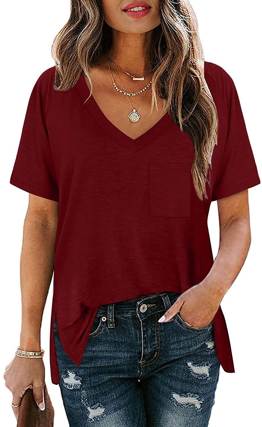 2021 Solid Color Short-Sleeved V-Neck Pocket T-Shirt