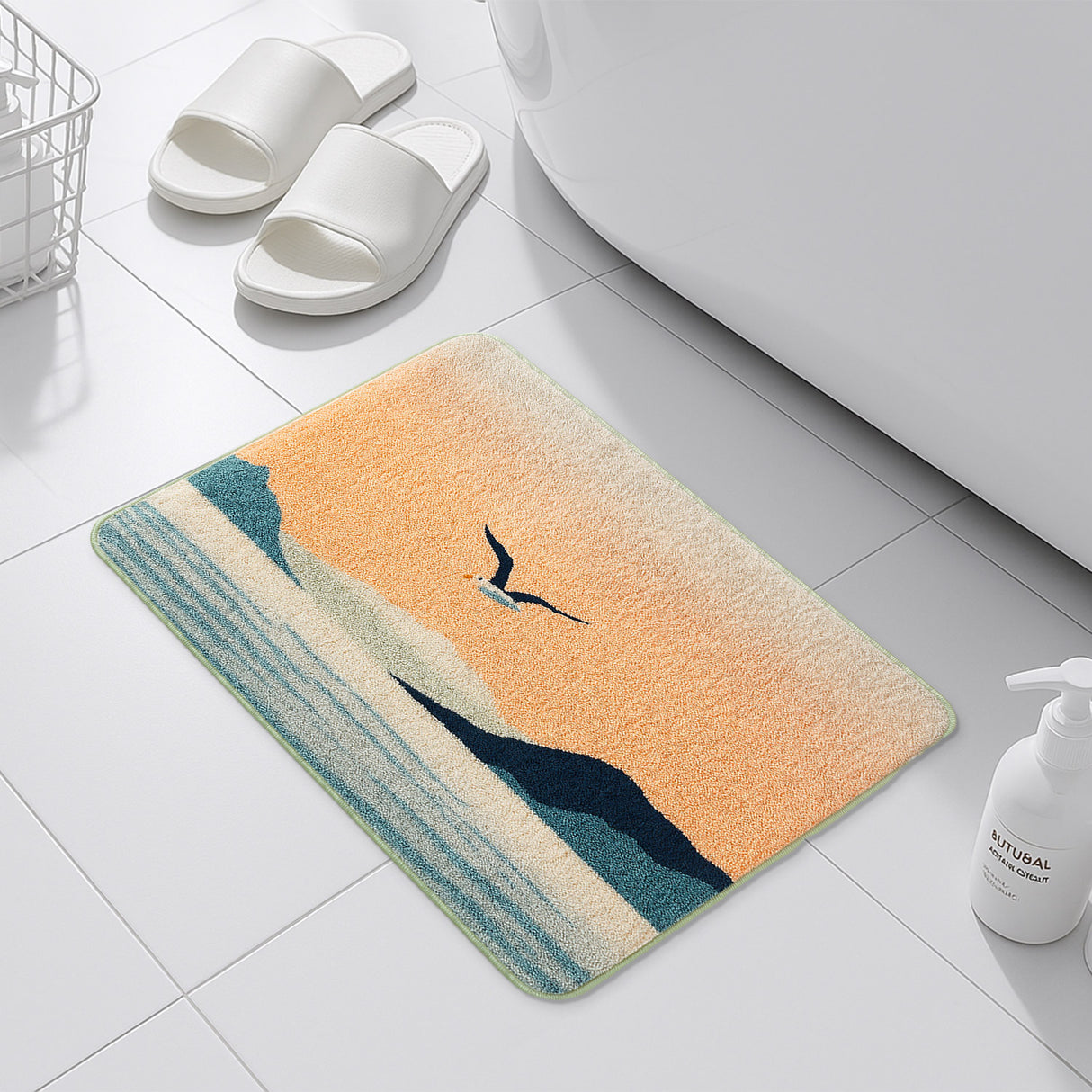 Feblilac Sunset Seagull Coastal Bath Mat – Soft, Absorbent & Non-Slip
