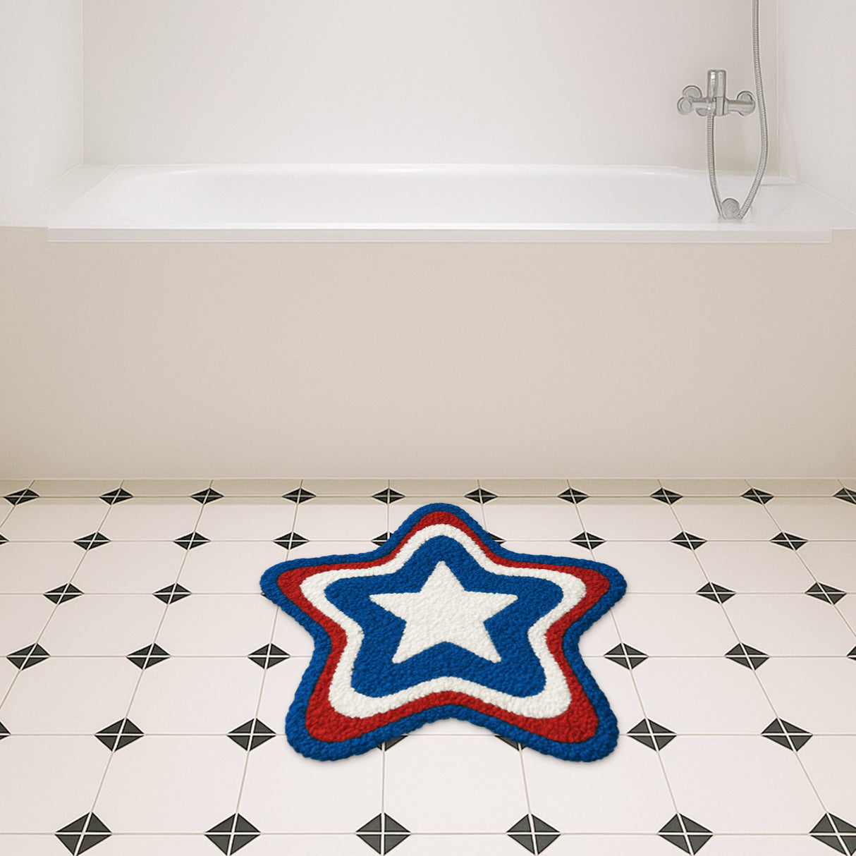 Patriotic Star Tufted Bath Mat – Red White Blue Rug for July 4th Decor