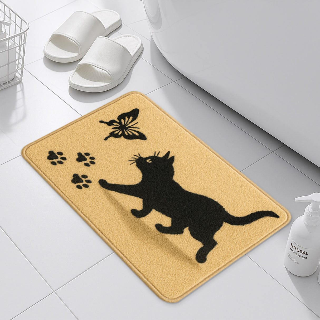 Feblilac Black Cat and Butterfly Bathroom Rug – Soft, Non-Slip Mat for Pet Lovers