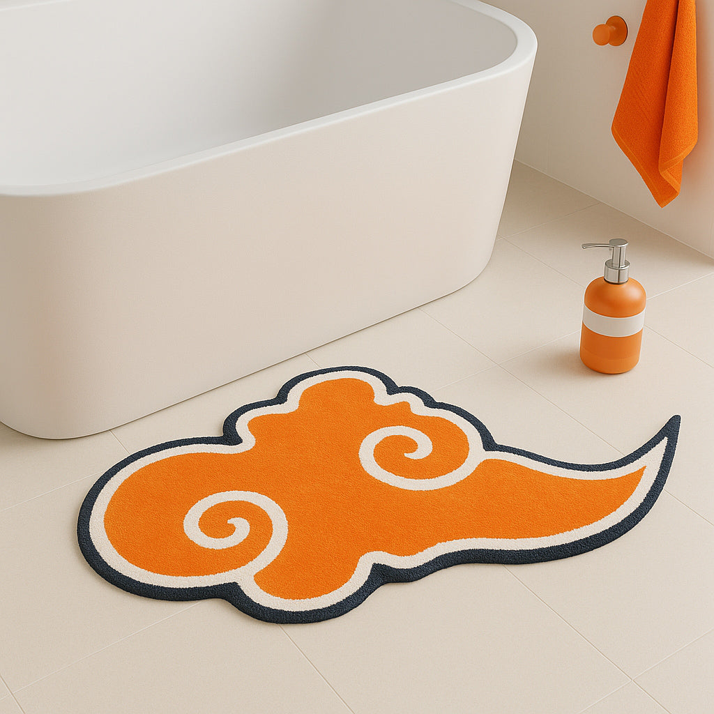 Feblilac Orange Cloud-Shaped Tufted Bath Mat – Unique Swirl Rug for Bathroom & Bedroom