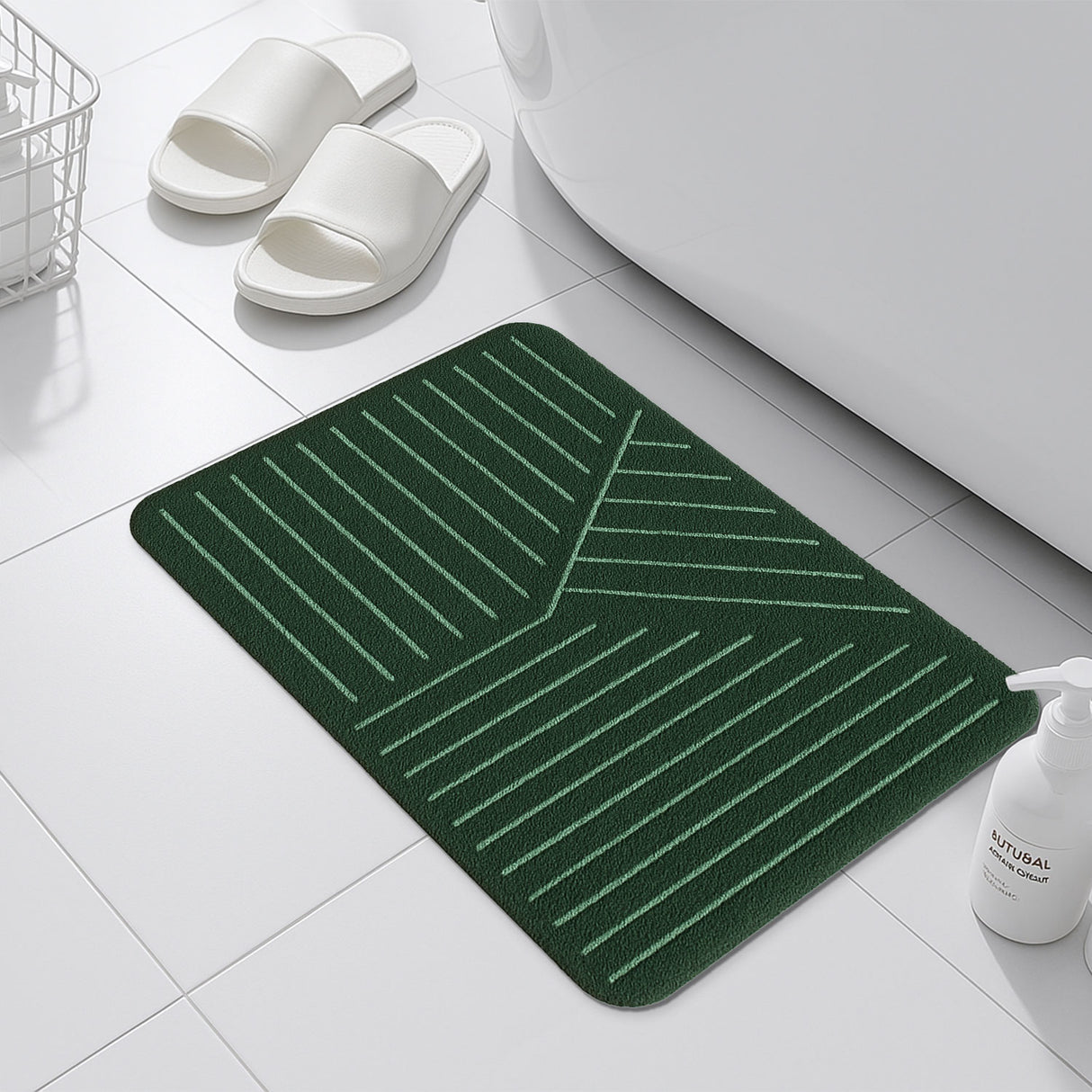 Feblilac Minimalist Green Striped Bath Mat – Non-Slip, Quick-Dry, Soft Underfoot