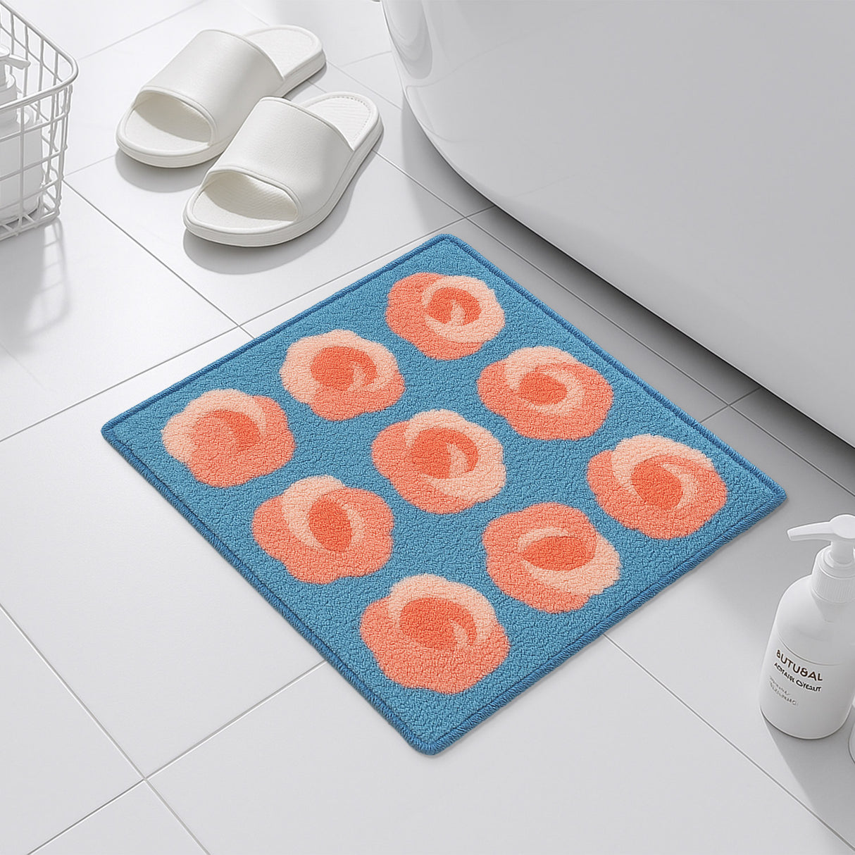 Feblilac Floral Pink Rose Tufted Bath Mat – Soft Square Rug for Bathroom or Bedroom
