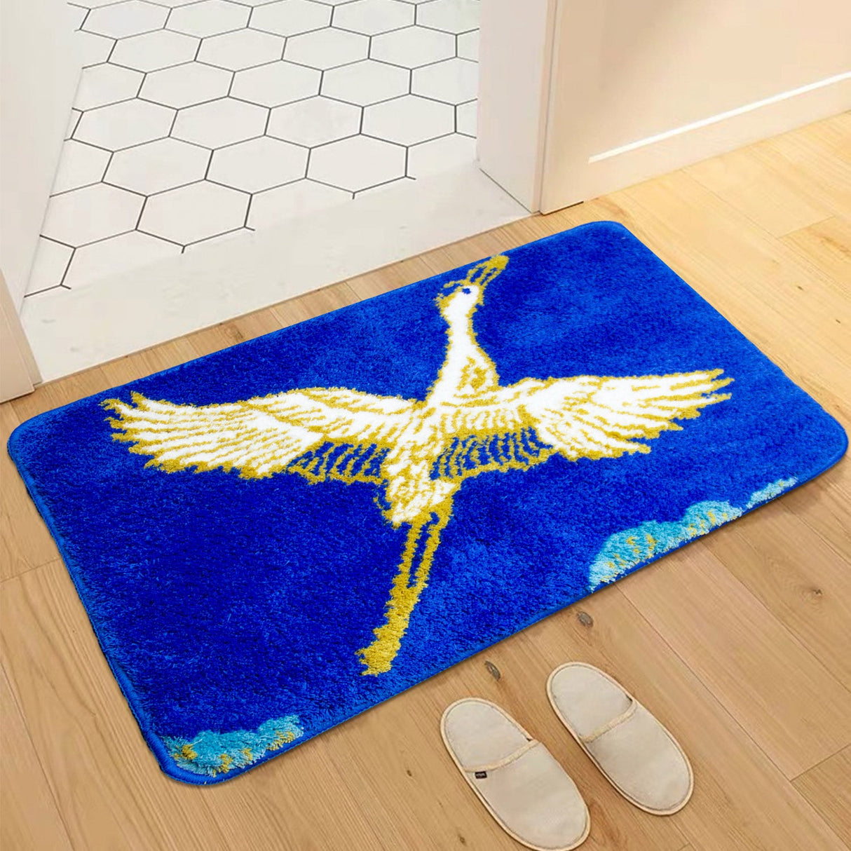 Feblilac Blue Background Crane Tufted Bath Mat