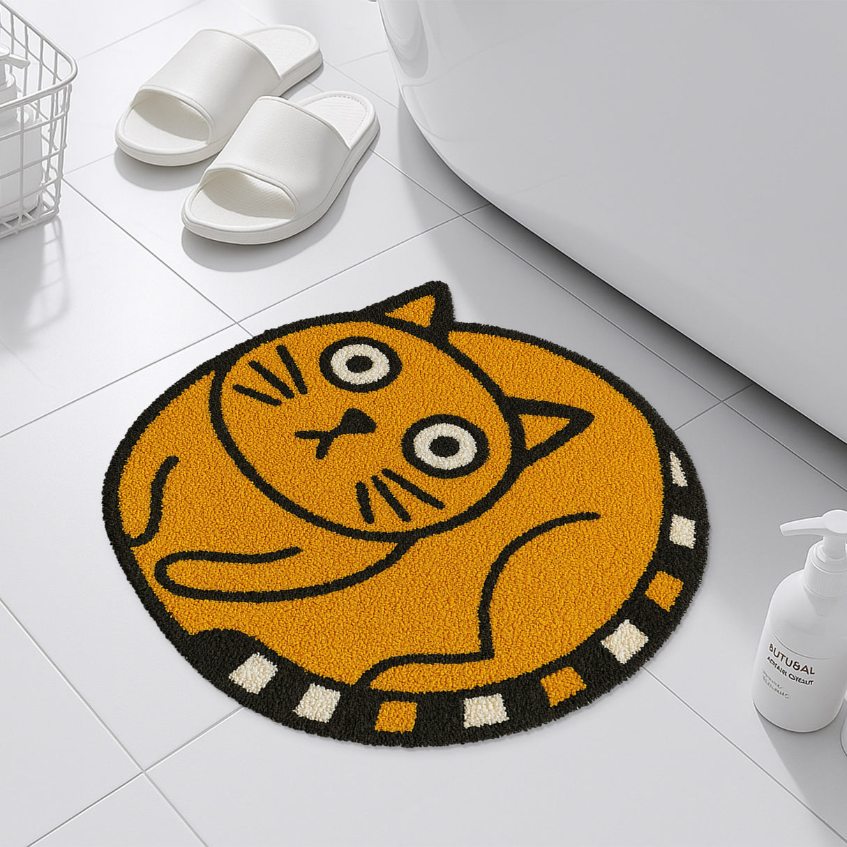 Round Cat Bath Mat – Yellow Cartoon Kitty Rug, Soft and Non-Slip Tufted Floor Mat for Bathroom, Bedroom or Entryway