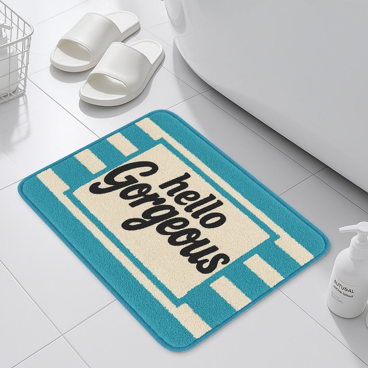 Feblilac Hello Gorgeous Bath Mat – Bold Lettering Rug in Teal and Cream, Non-Slip & Machine Washable