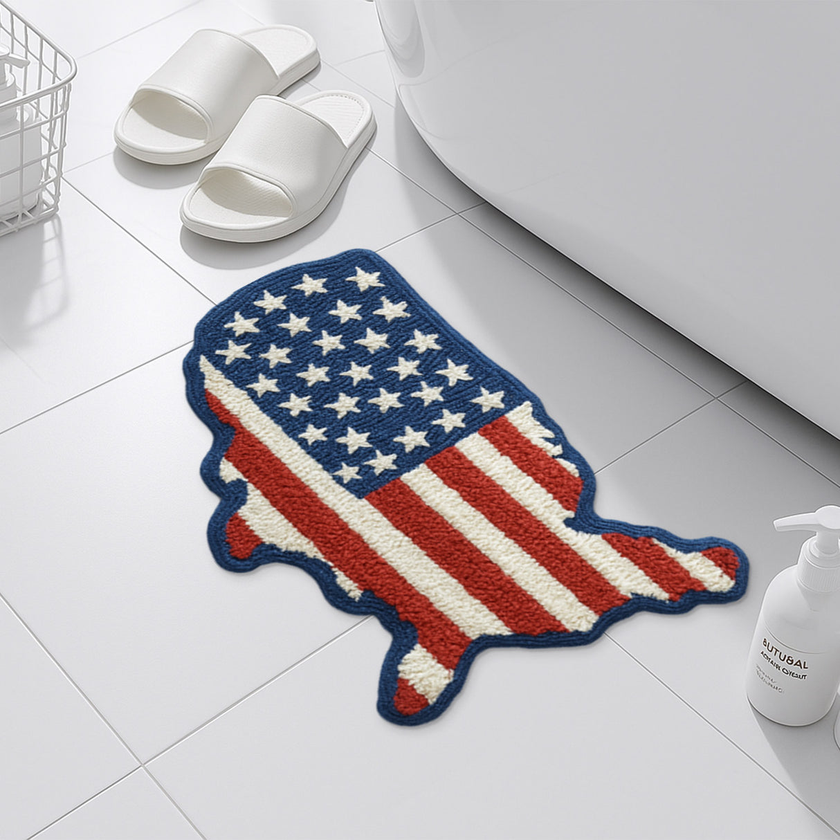 USA Map Tufted Rug – Patriotic Red White Blue Star-Spangled Bath Mat