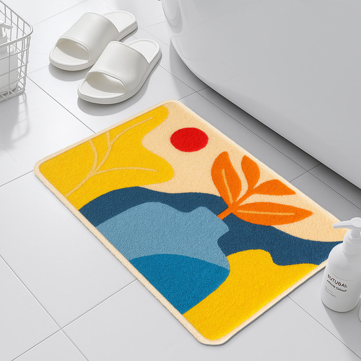 Feblilac Modern Abstract Vase Bath Mat – Artistic Non-Slip Rug in Yellow, Blue & Red