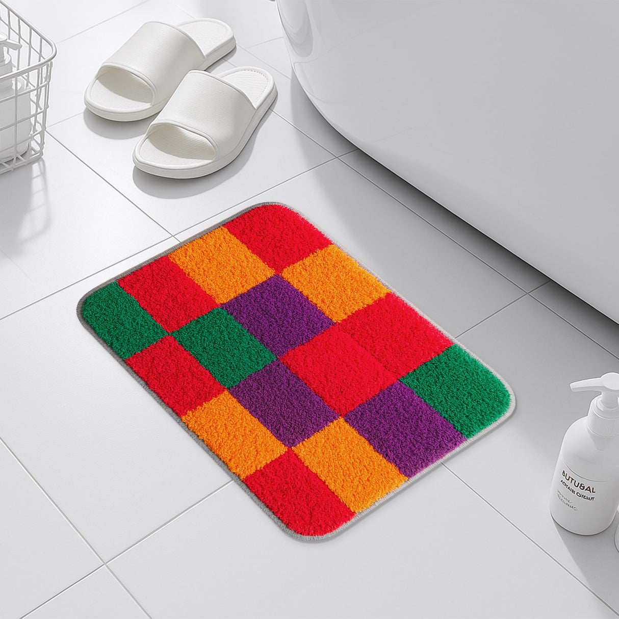 Feblilac Colorful Checkerboard Bath Mat – Soft Plush Tufted Rug for Bathroom, Entryway & Kitchen