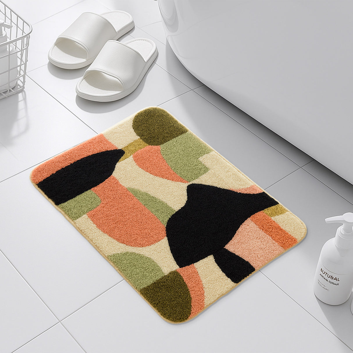 Feblilac Abstract Neutral Tufted Bath Mat – Modern Scandinavian Non-Slip Rug | Cozy Cream & Earth-Tone Design
