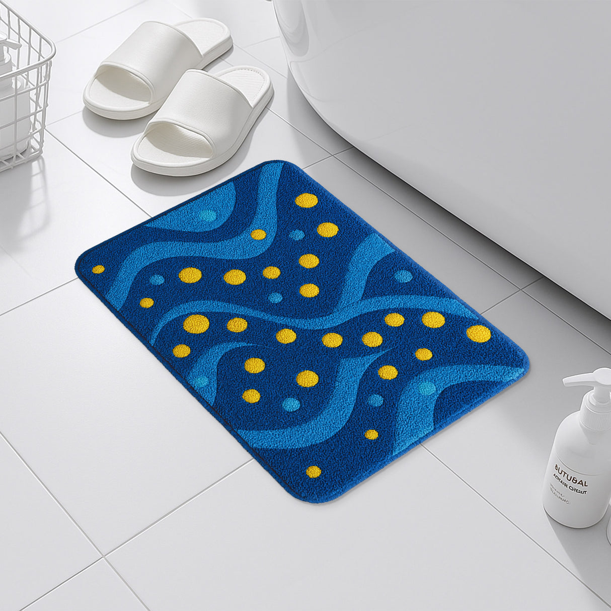 Feblilac Blue Wave & Yellow Dot Bath Mat – Modern Colorful Non-Slip Bathroom Rug