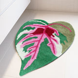 Leaf Shaped Bath Mat – Tropical Pink and Green Rug for Bathroom, Bedroom, Entryway