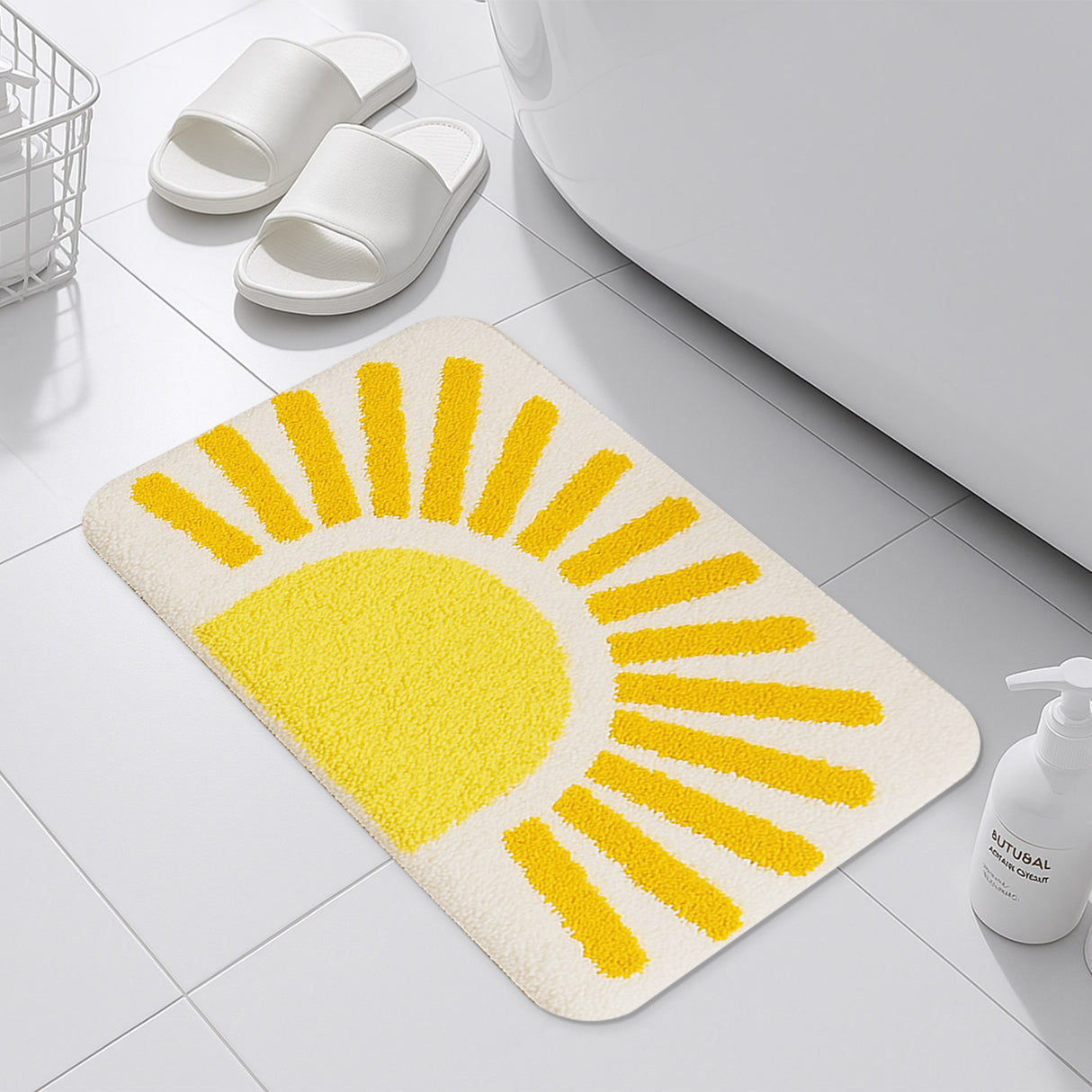 Feblilac Sunburst Bath Mat – Cheerful Yellow Tufted Rug for Bathroom