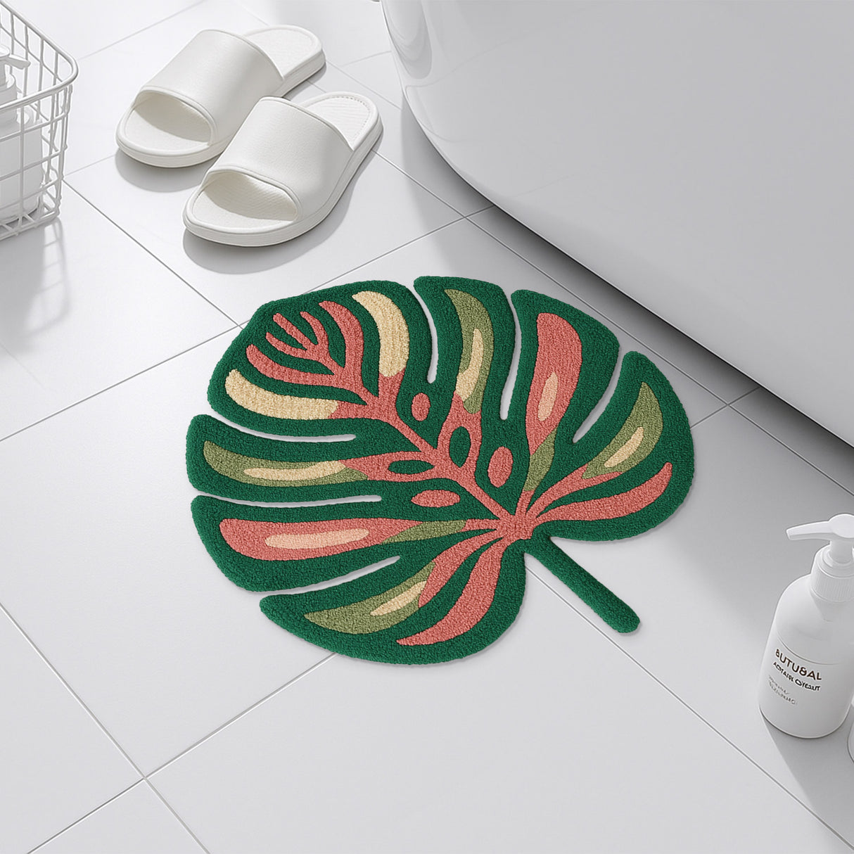 Tropical Monstera Leaf Tufted Bath Mat – Green Plant-Shaped Non-Slip Rug