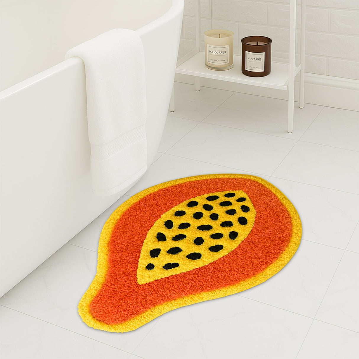 Feblilac Papaya Shaped Tufted Rug – Fun Tropical Fruit Design | Soft & Colorful Bathroom Mat
