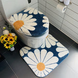 Feblilac Nave Blue Daisy Bath Mat Set, Flower Floral Bathroom Rug Set, Toilet Cover Mat