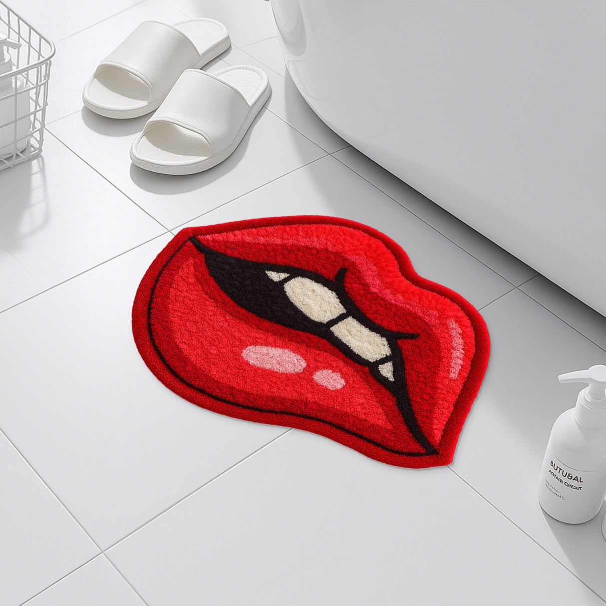 Feblilac Lips Shaped Tufted Rug – Bold Red Cartoon Lip Design, Non-Slip, Soft Plush Floor Mat