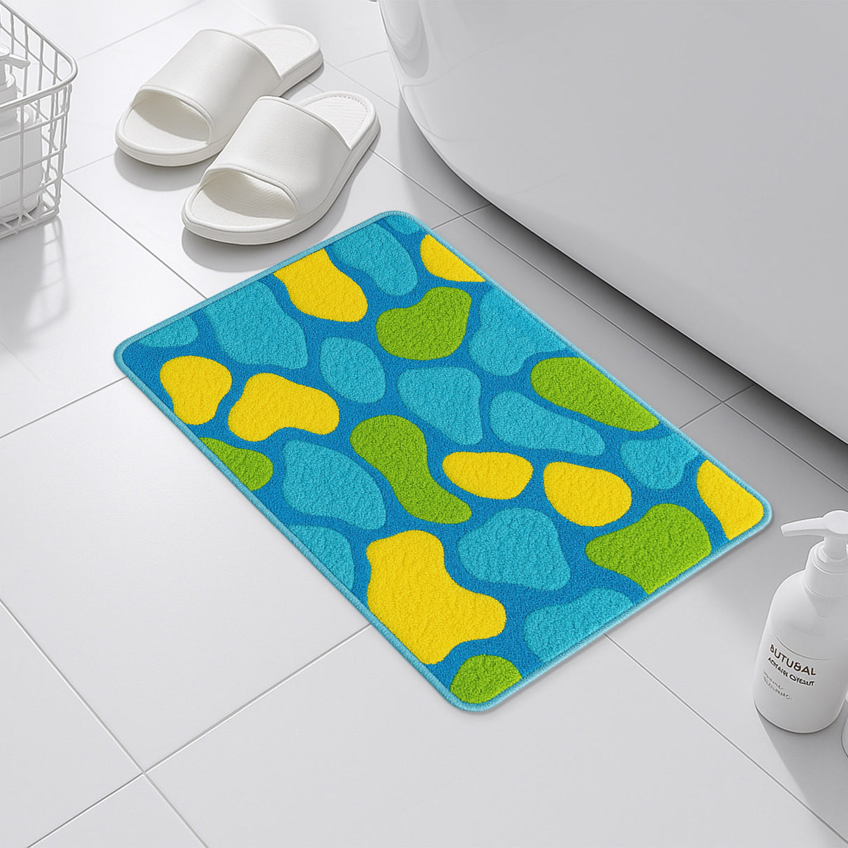 Feblilac Colorful Abstract Bath Mat – Non-Slip Bathroom Rug with Blue, Yellow & Green Modern Design, Soft and Absorbent