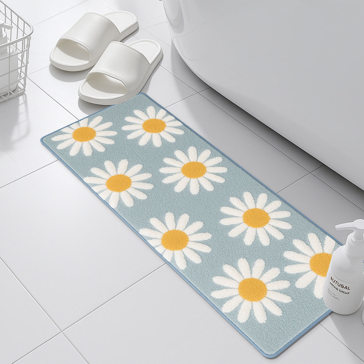 Feblilac Long Daisy Bath Mat – Soft Non-Slip Floral Runner Rug for Bathroom & Kitchen