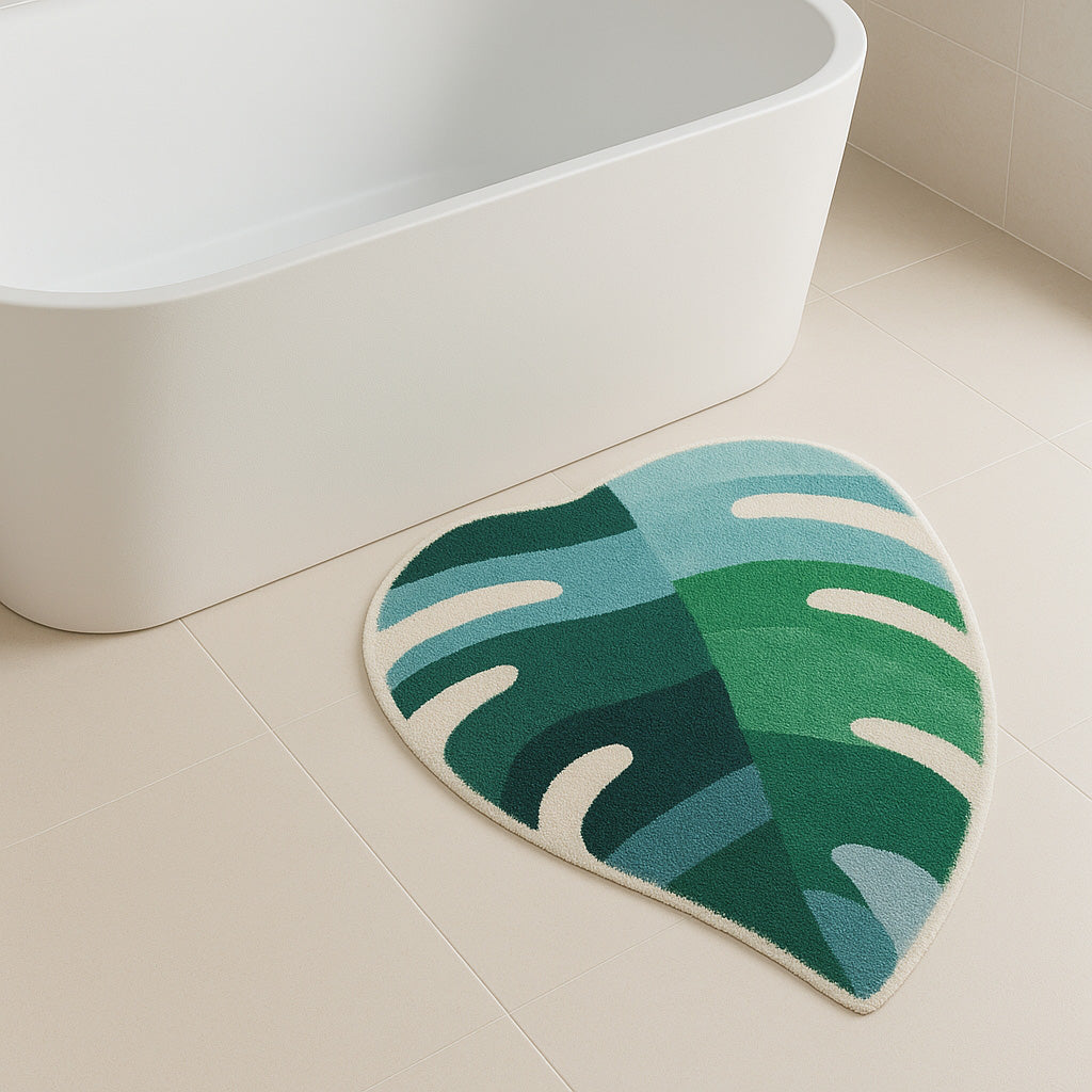 Monstera Leaf Bath Mat – Irregular Shaped Green Botanical Rug for Bathroom & Bedroom