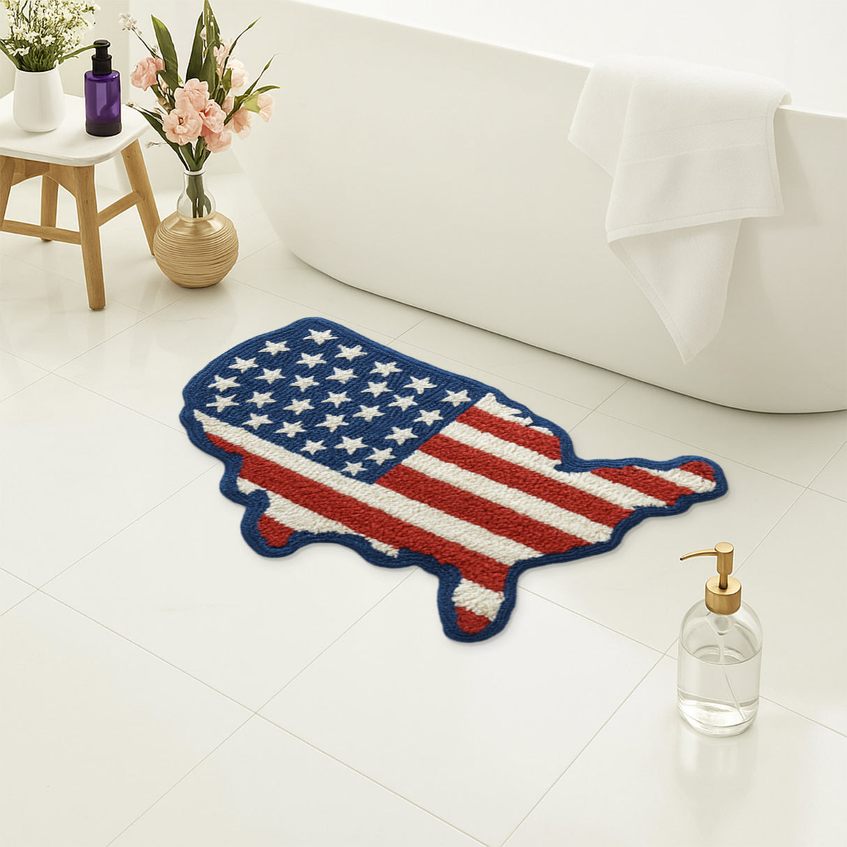 USA Map Tufted Rug – Patriotic Red White Blue Star-Spangled Bath Mat
