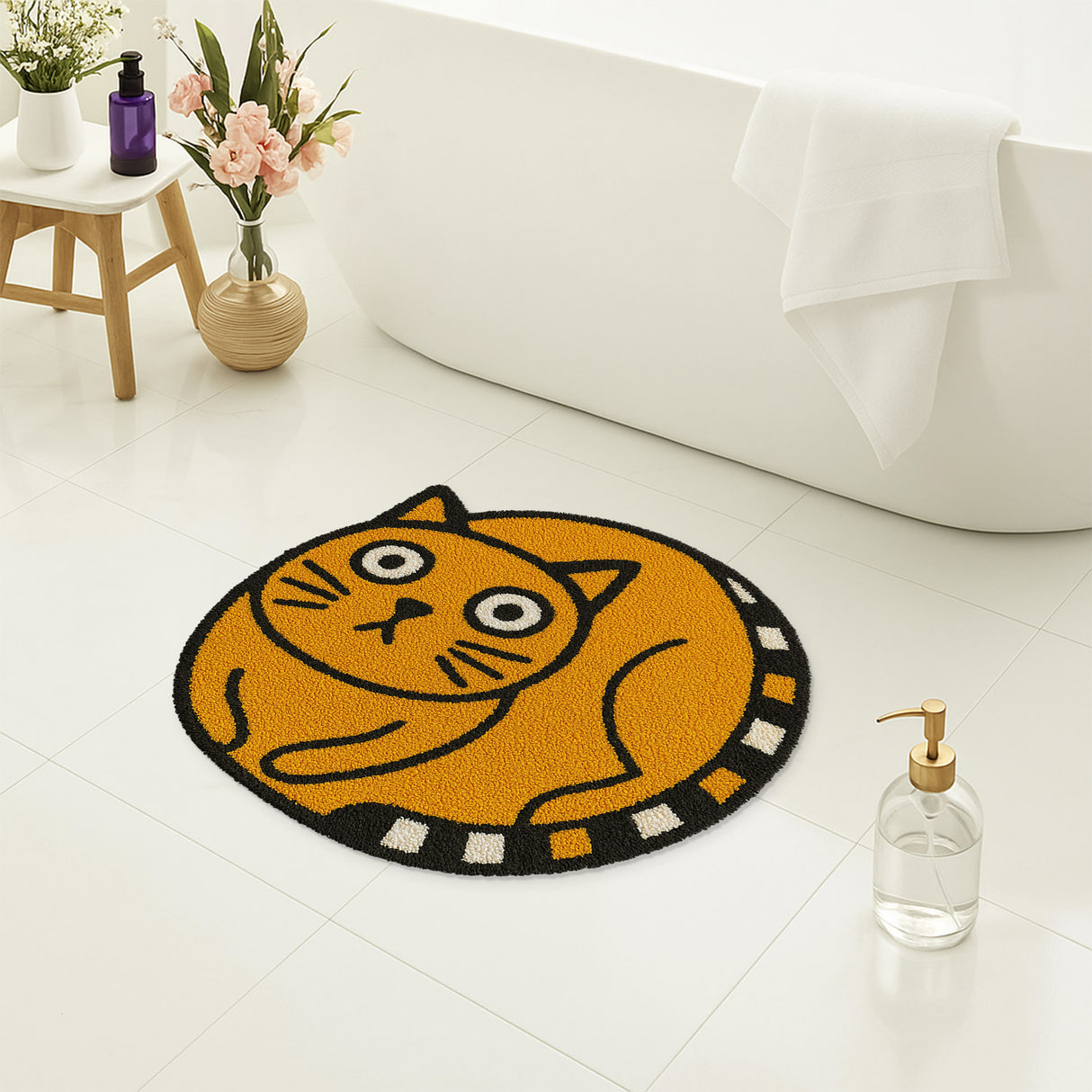 Round Cat Bath Mat – Yellow Cartoon Kitty Rug, Soft and Non-Slip Tufted Floor Mat for Bathroom, Bedroom or Entryway