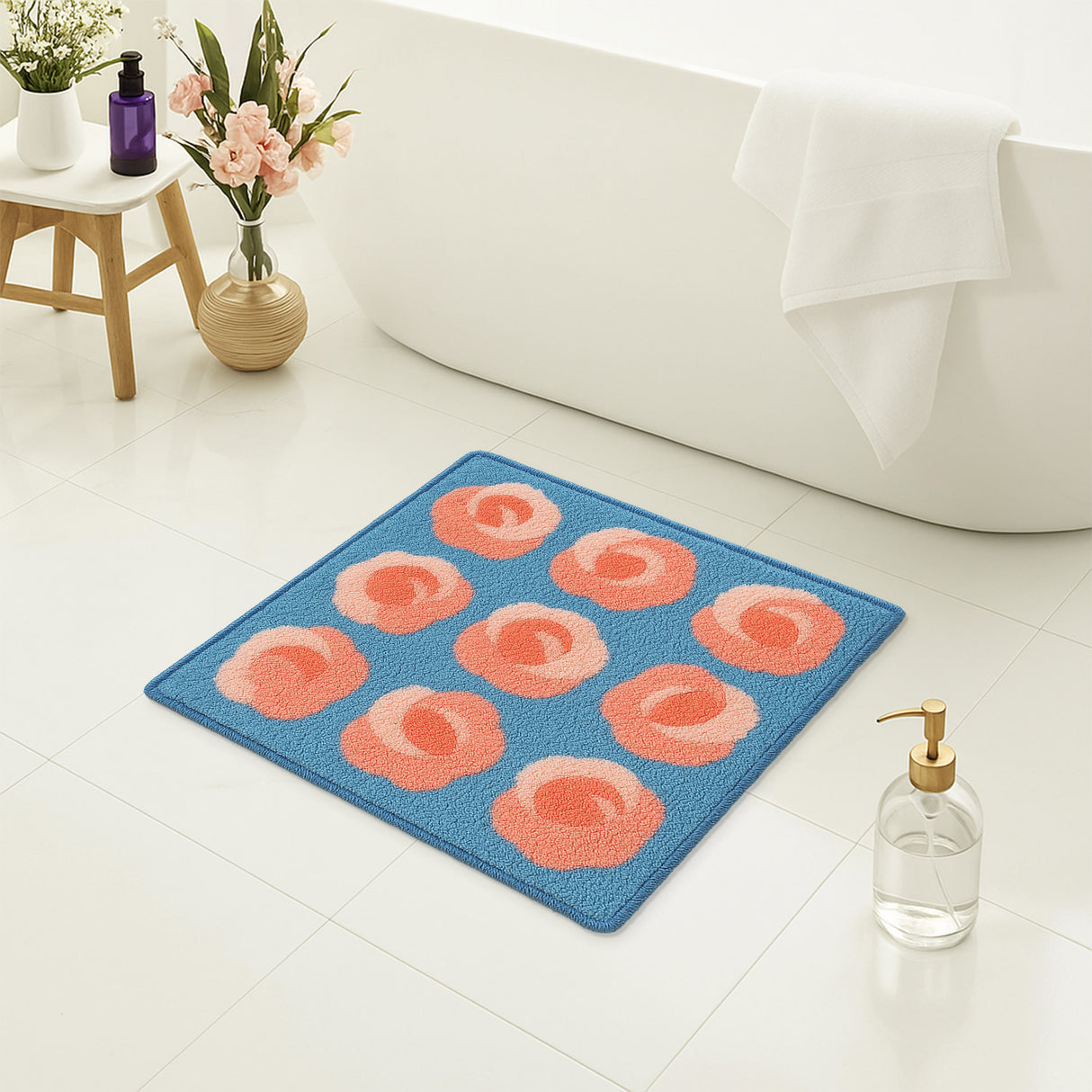 Feblilac Floral Pink Rose Tufted Bath Mat – Soft Square Rug for Bathroom or Bedroom