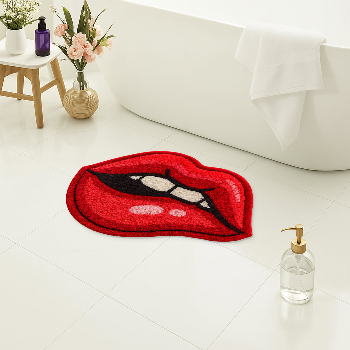 Feblilac Lips Shaped Tufted Rug – Bold Red Cartoon Lip Design, Non-Slip, Soft Plush Floor Mat