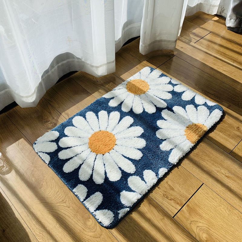 Feblilac Nave Blue Daisy Bath Mat Set, Flower Floral Bathroom Rug Set, Toilet Cover Mat