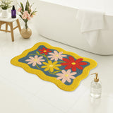Feblilac Retro Floral Bath Mat – Colorful Wavy Edge Bathroom Rug with Bold Daisy Pattern, Non-Slip and Absorbent
