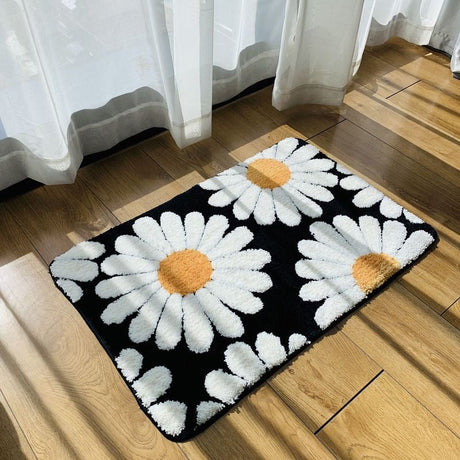 Feblilac Black Bath Mat Set, Flower Floral Bathroom Rug Set, Toilet Cover Mat