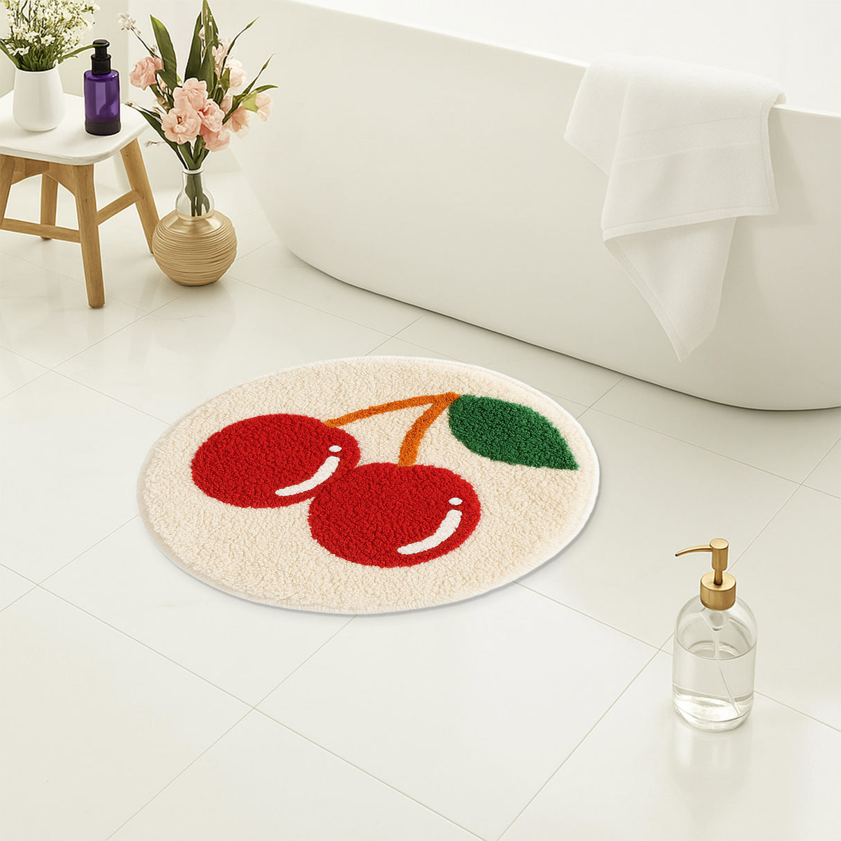 Feblilac Cherry Tufted Round Rug - Soft Plush Anti-Slip Mat for Bathroom, Bedroom, Nursery