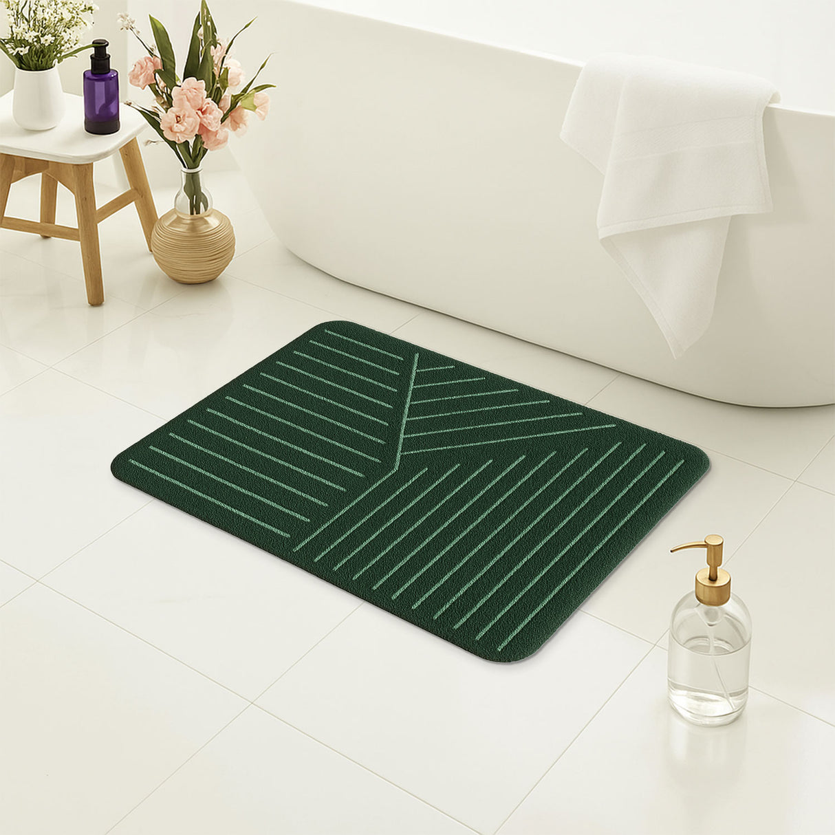 Feblilac Minimalist Green Striped Bath Mat – Non-Slip, Quick-Dry, Soft Underfoot