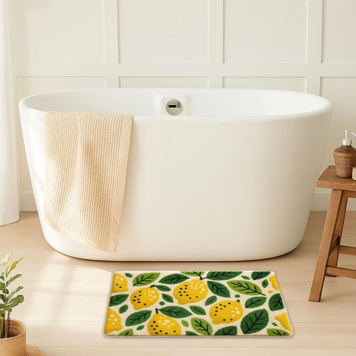 Feblilac Lemon Fruit Bath Mat – Soft Non-Slip Bathroom Rug with Bright Yellow Citrus and Green Leaves, Cute Summer Decor for Kitchen or Entryway