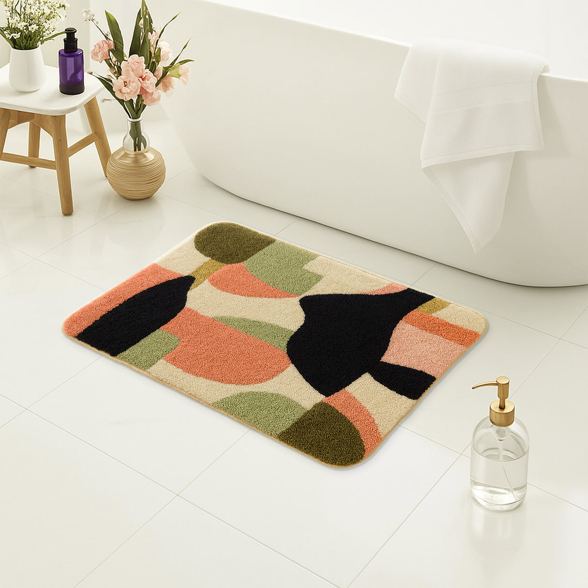 Feblilac Abstract Neutral Tufted Bath Mat – Modern Scandinavian Non-Slip Rug | Cozy Cream & Earth-Tone Design