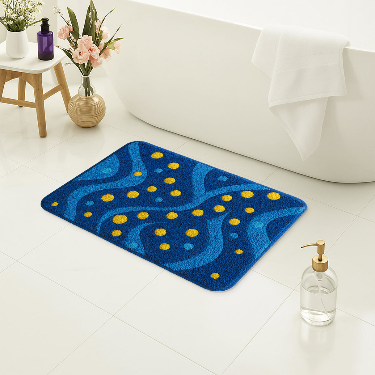 Feblilac Blue Wave & Yellow Dot Bath Mat – Modern Colorful Non-Slip Bathroom Rug