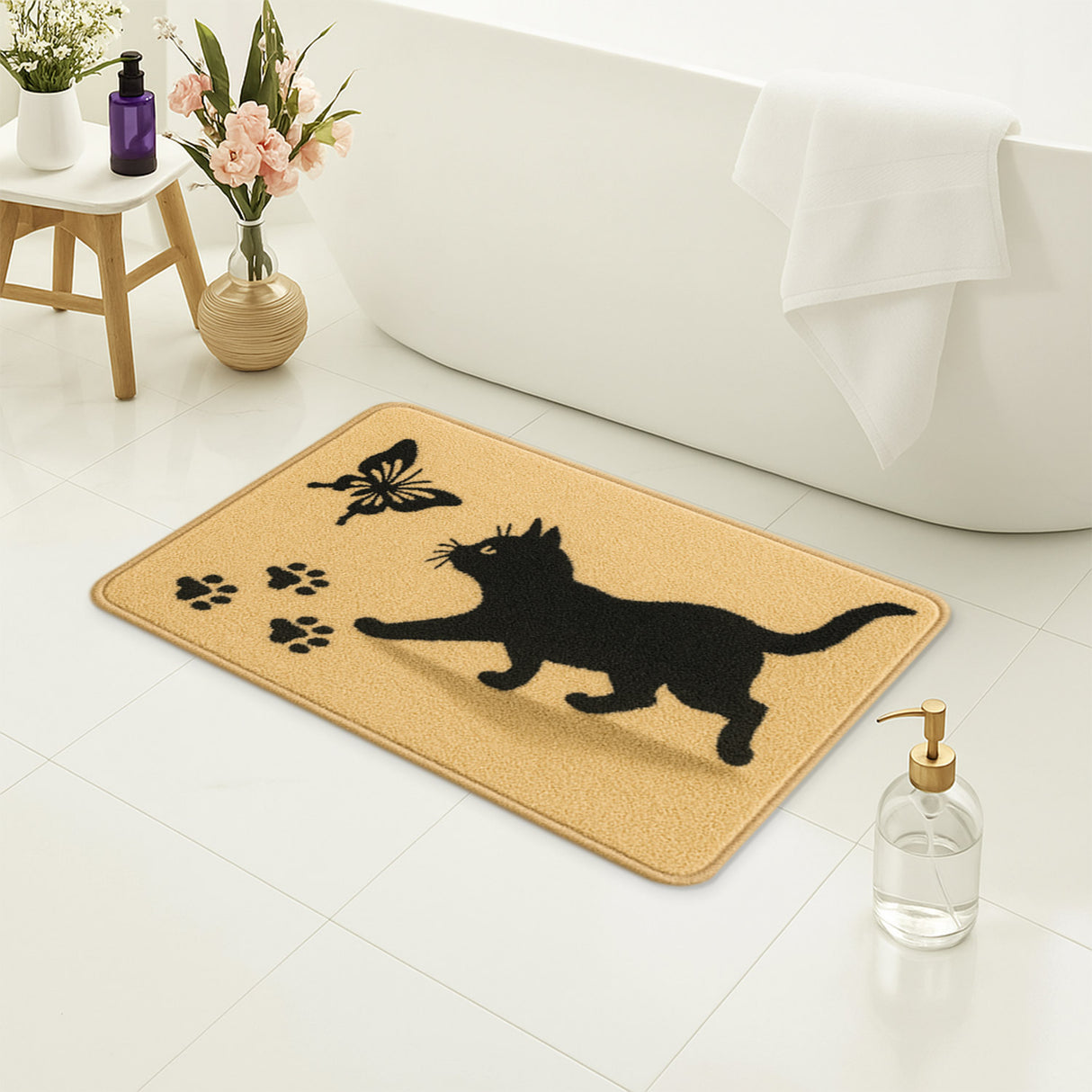 Feblilac Black Cat and Butterfly Bathroom Rug – Soft, Non-Slip Mat for Pet Lovers