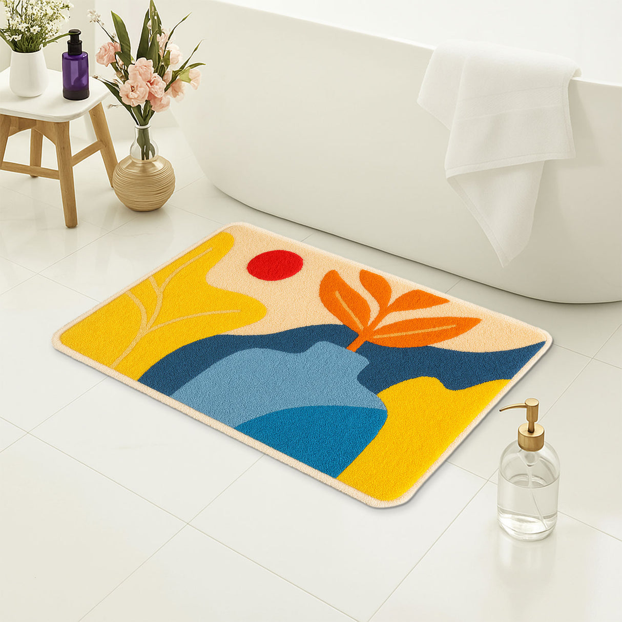 Feblilac Modern Abstract Vase Bath Mat – Artistic Non-Slip Rug in Yellow, Blue & Red