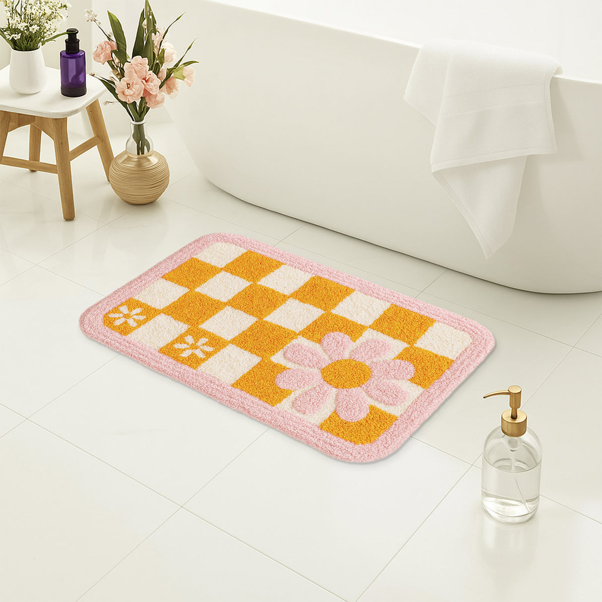 Feblilac Retro Checker Flower Bath Mat – Soft Plush Non-Slip Cute Bathroom Rug