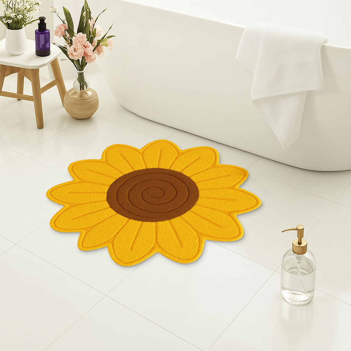Feblilac Sunflower Shaped Bath Mat – Cute Non-Slip Floral Rug for Bathroom, Bedroom or Kids' Room
