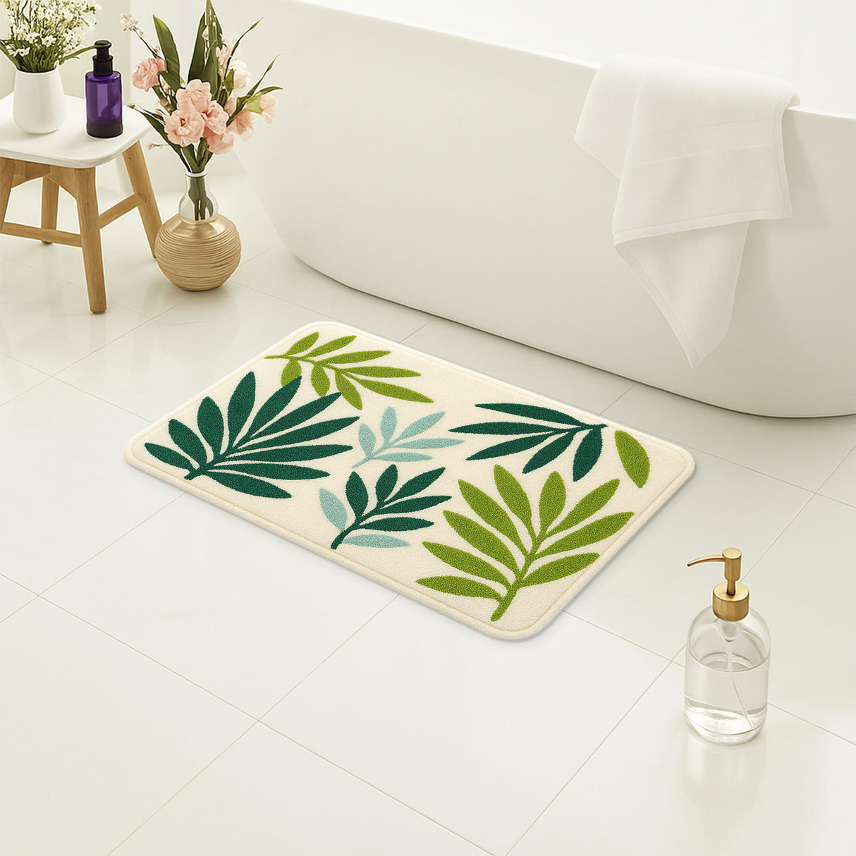 Feblilac Tropical Leaf Bath Mat – Soft Non-Slip Botanical Rug for Bathroom, Kitchen, or Entryway