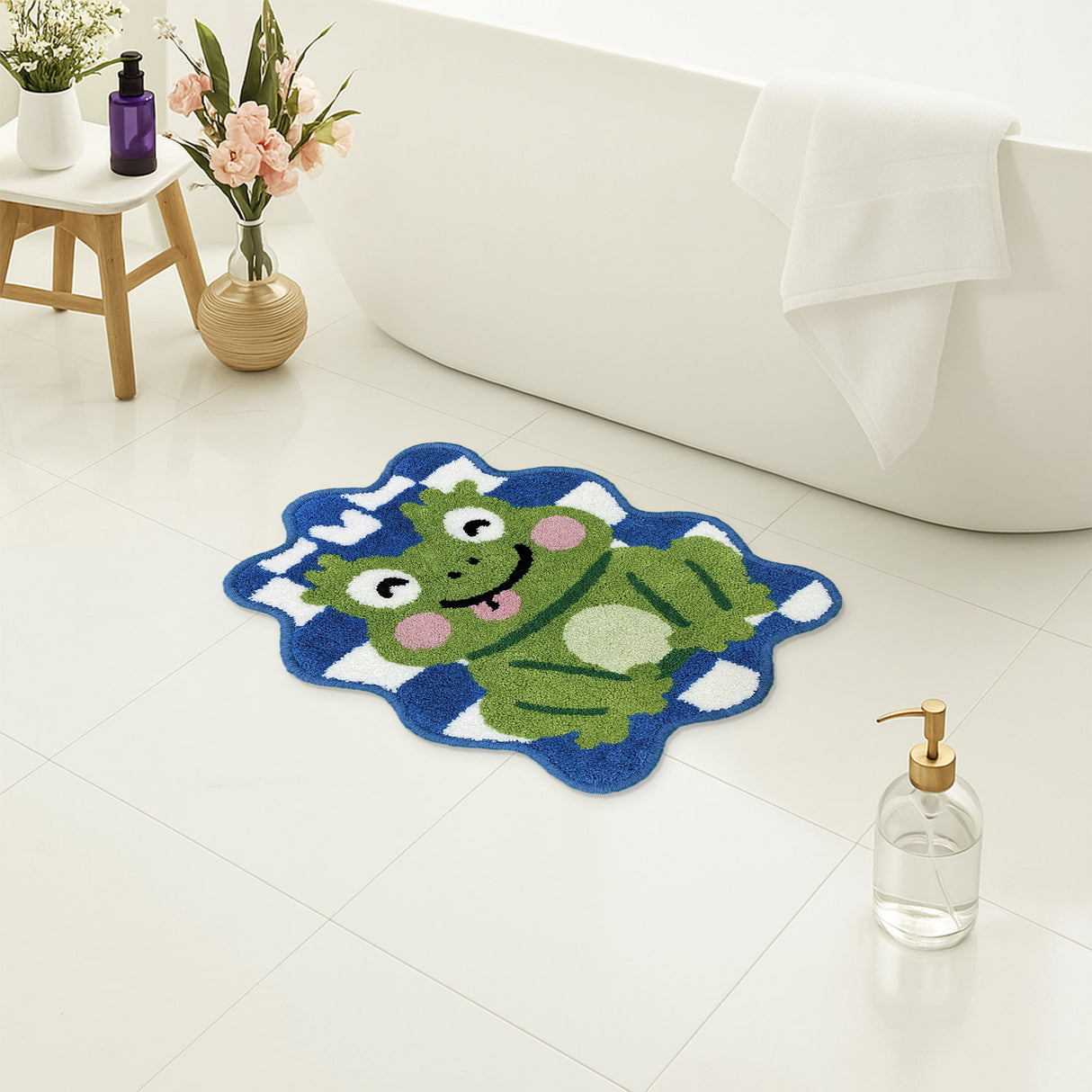 Feblilac Frog Tufted Rug – Cute Checkerboard Cartoon Frog Bathroom & Kids Room Mat