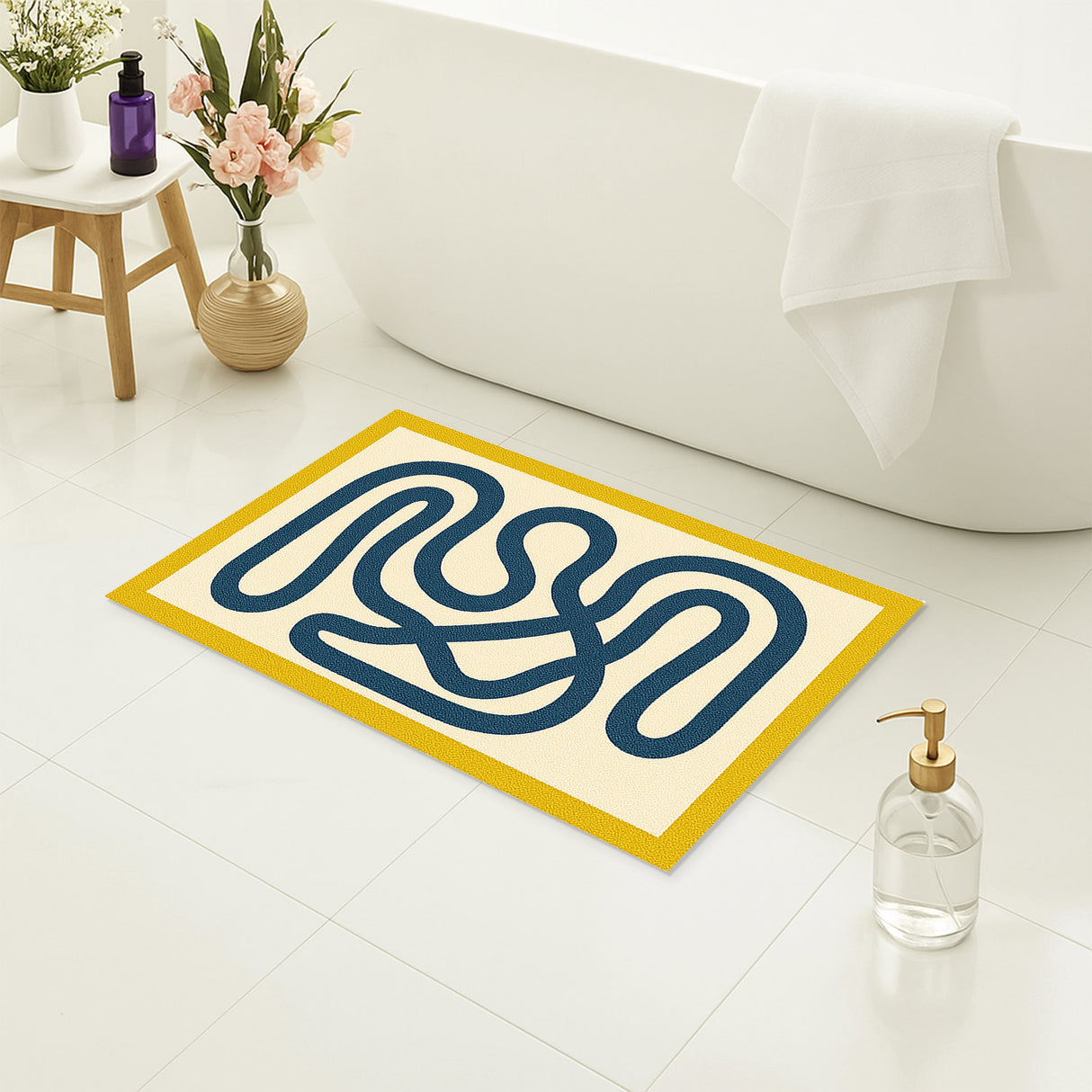 Feblilac Abstract Blue Line Tufted Bath Mat – Soft & Modern Bathroom Rug