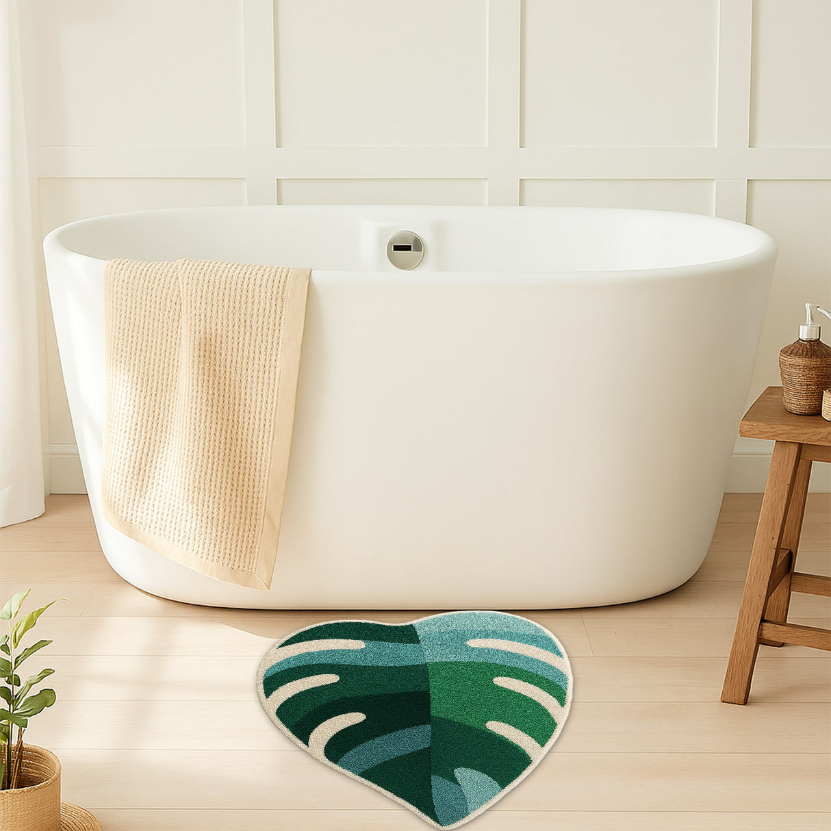 Monstera Leaf Bath Mat – Irregular Shaped Green Botanical Rug for Bathroom & Bedroom