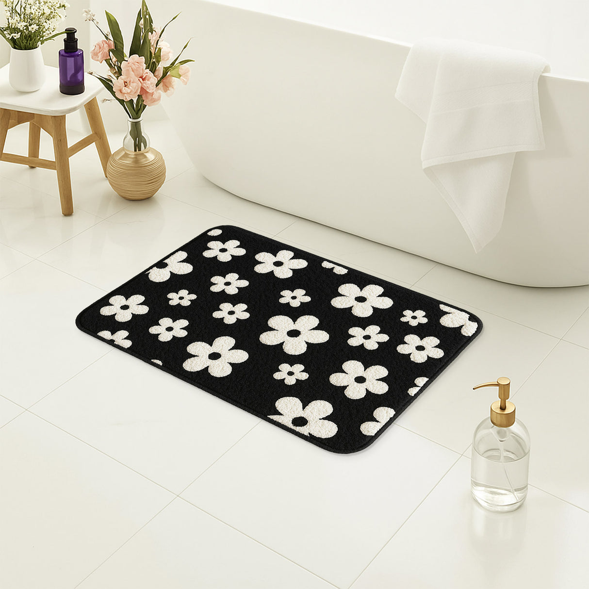 Feblilac Bold Black & White Floral Bath Mat - Soft, Absorbent, Modern Retro Style