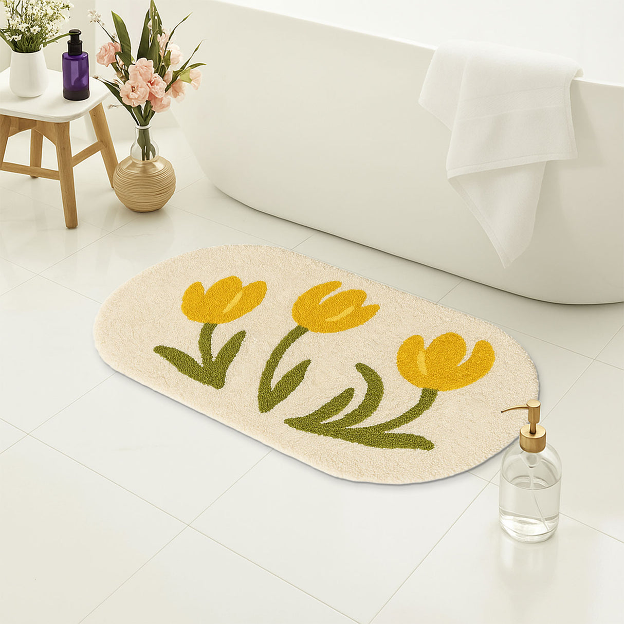 Feblilac Yellow Tulip Bath Mat – Soft Floral Non-Slip Rug for Bathroom or Entryway