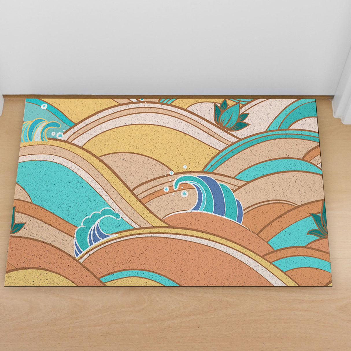 Feblilac Yellow and blue Japanese Waves PVC Coil Door Mat