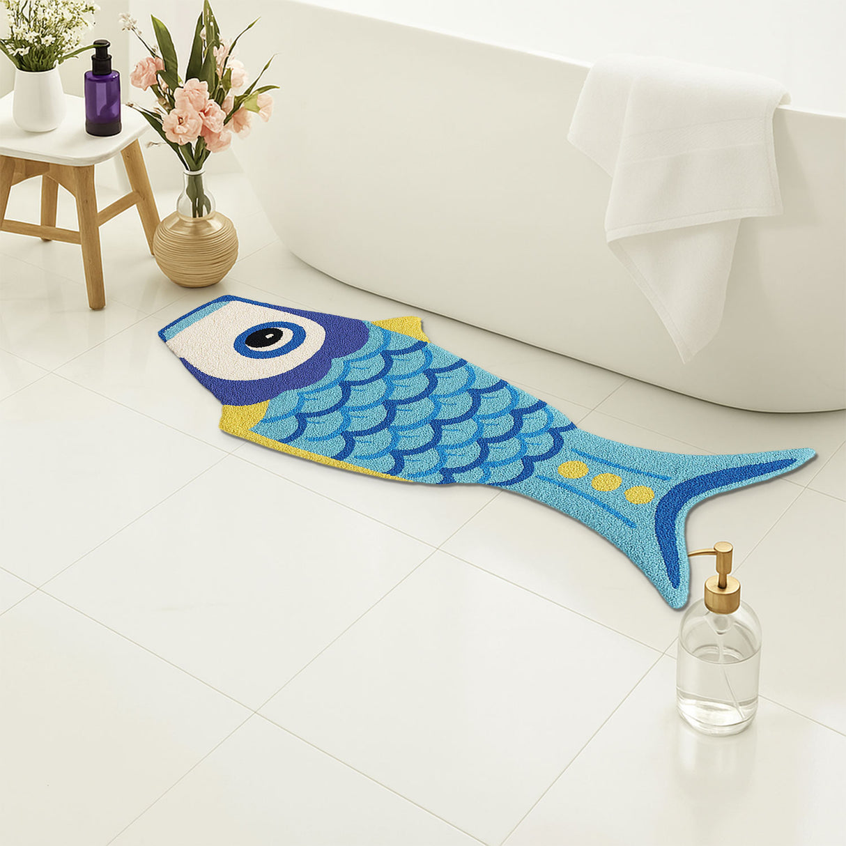 Feblilac Blue Fish Shaped Bath Mat – Fun Non-Slip Rug for Kids & Ocean Lovers