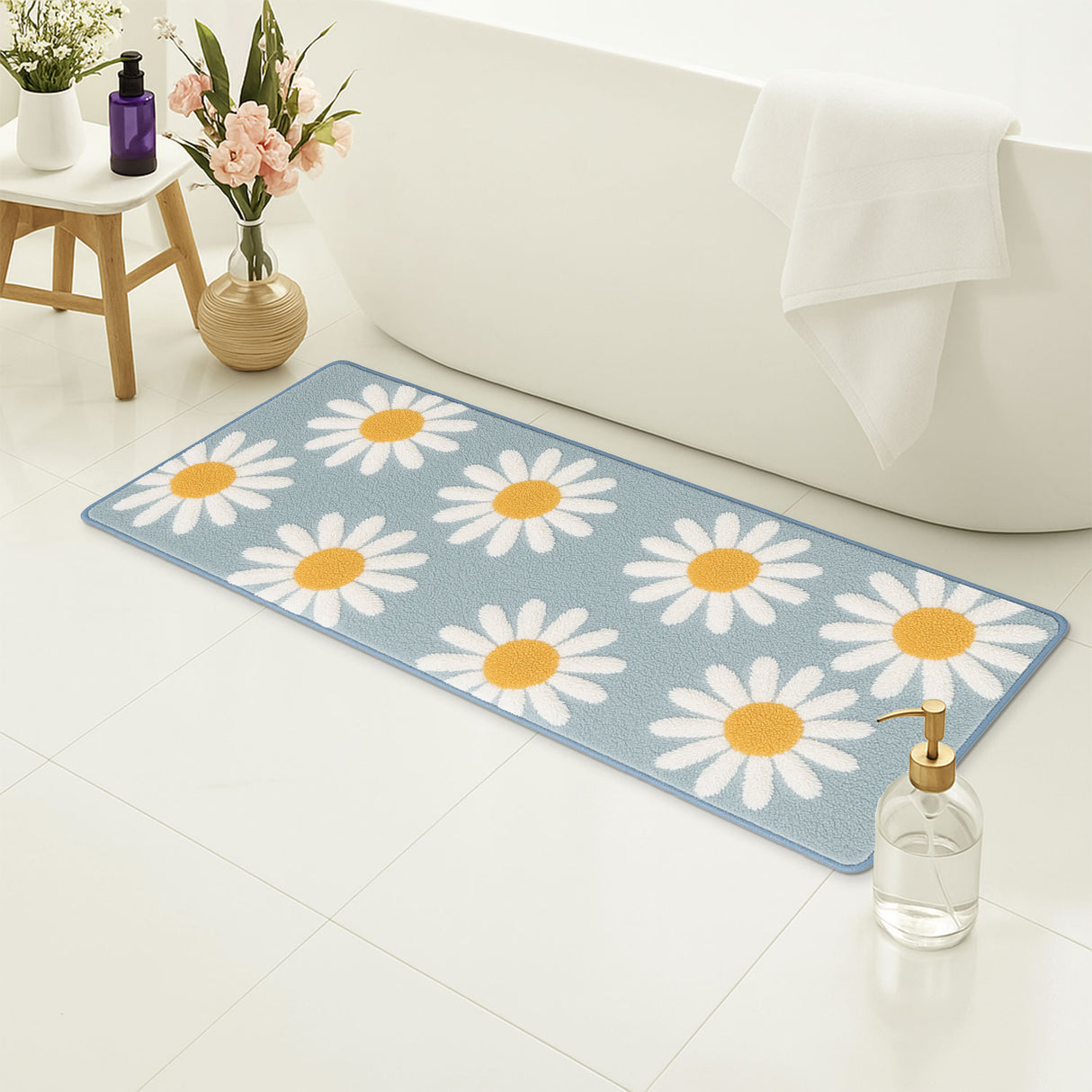 Feblilac Long Daisy Bath Mat – Soft Non-Slip Floral Runner Rug for Bathroom & Kitchen
